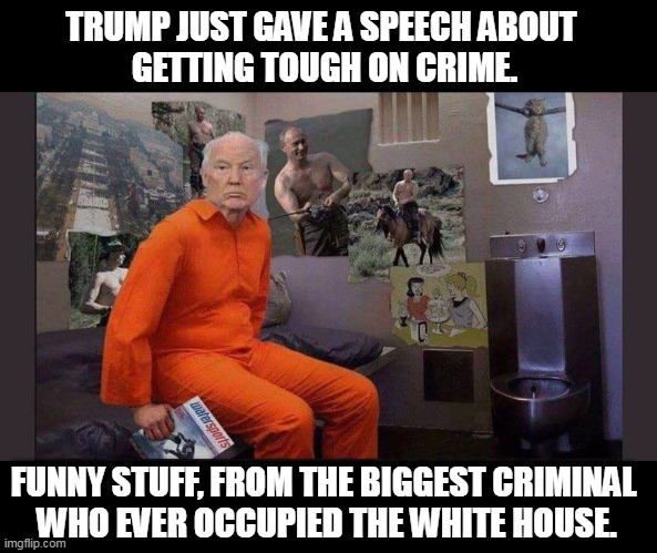 Lock him up! | TRUMP JUST GAVE A SPEECH ABOUT 
GETTING TOUGH ON CRIME. FUNNY STUFF, FROM THE BIGGEST CRIMINAL 
WHO EVER OCCUPIED THE WHITE HOUSE. | image tagged in trump jail cell,trump,criminal,police state,fantasy,deranged | made w/ Imgflip meme maker