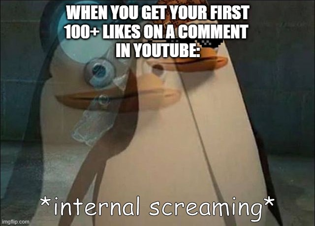 Lol this just happened | WHEN YOU GET YOUR FIRST
100+ LIKES ON A COMMENT 
IN YOUTUBE: | image tagged in private internal screaming | made w/ Imgflip meme maker