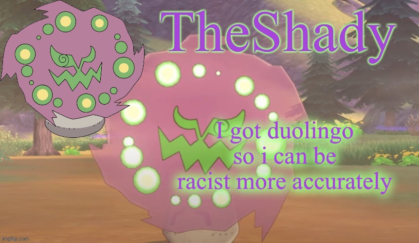 ( /j i’m just learning french ) | I got duolingo so i can be racist more accurately | image tagged in theshady spiritomb temp | made w/ Imgflip meme maker