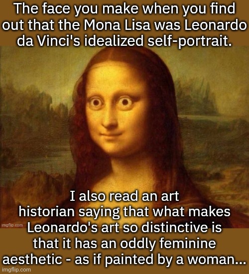 The real Da Vinci code. | The face you make when you find out that the Mona Lisa was Leonardo da Vinci's idealized self-portrait. I also read an art historian saying that what makes Leonardo's art so distinctive is that it has an oddly feminine aesthetic - as if painted by a woman... | image tagged in surprised mona lisa,transgender,lgbt,history | made w/ Imgflip meme maker