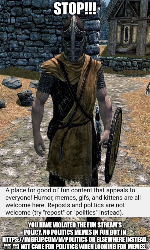 Fun stream politics policy enforcement Skyrim Guard | image tagged in fun stream politics policy enforcement skyrim guard | made w/ Imgflip meme maker
