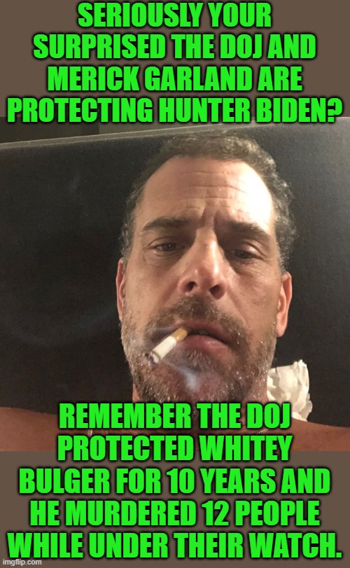 yep | SERIOUSLY YOUR SURPRISED THE DOJ AND MERICK GARLAND ARE PROTECTING HUNTER BIDEN? REMEMBER THE DOJ PROTECTED WHITEY BULGER FOR 10 YEARS AND HE MURDERED 12 PEOPLE WHILE UNDER THEIR WATCH. | image tagged in hunter biden | made w/ Imgflip meme maker