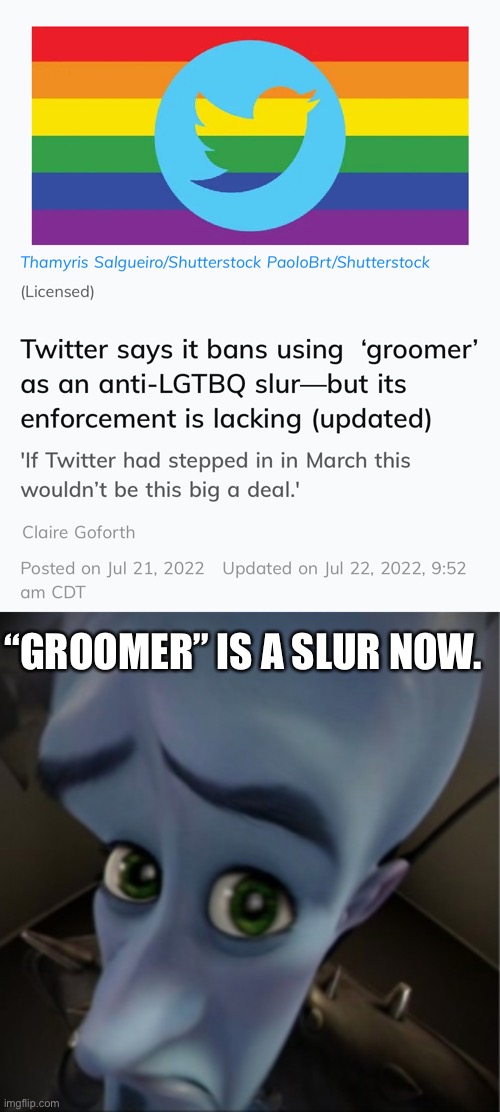 YOU SAID GROOMER WITH A HARD R | “GROOMER” IS A SLUR NOW. | image tagged in megamind peeking | made w/ Imgflip meme maker