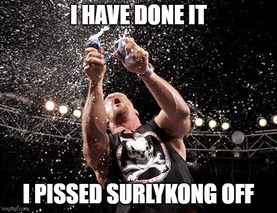 stone cold beers | I HAVE DONE IT; I PISSED SURLYKONG OFF | image tagged in stone cold beers | made w/ Imgflip meme maker