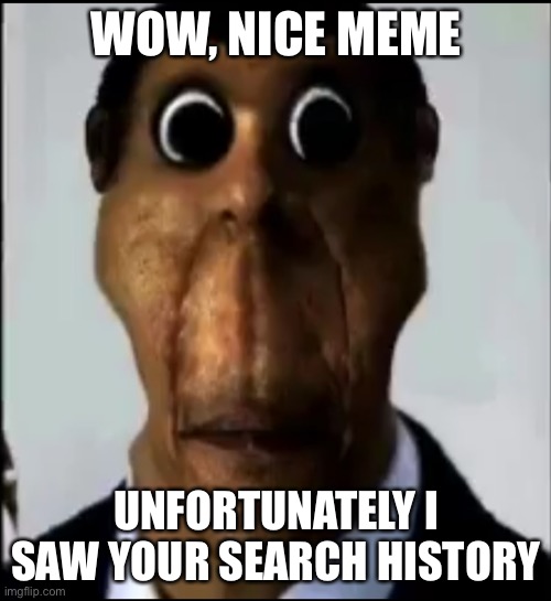 obunga | WOW, NICE MEME UNFORTUNATELY I SAW YOUR SEARCH HISTORY | image tagged in obunga | made w/ Imgflip meme maker