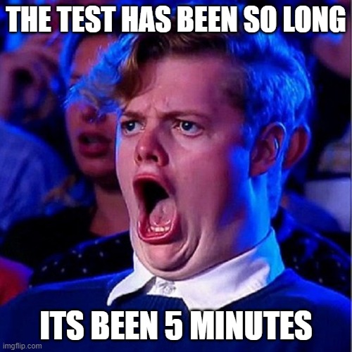 me be like | THE TEST HAS BEEN SO LONG; ITS BEEN 5 MINUTES | image tagged in memes,test | made w/ Imgflip meme maker