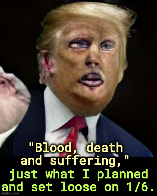 "Blood, death and suffering,"; just what I planned and set loose on 1/6. | image tagged in trump,blood,death,suffering,coup,insurrection | made w/ Imgflip meme maker