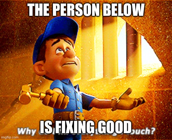 why do i fix everything i touch | THE PERSON BELOW; IS FIXING GOOD | image tagged in why do i fix everything i touch | made w/ Imgflip meme maker