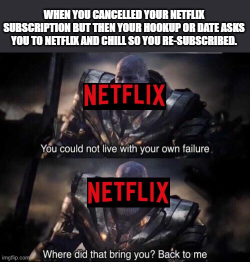Try watching Korean, Japanese, or Chinese series | WHEN YOU CANCELLED YOUR NETFLIX SUBSCRIPTION BUT THEN YOUR HOOKUP OR DATE ASKS YOU TO NETFLIX AND CHILL SO YOU RE-SUBSCRIBED. | image tagged in thanos back to me,netflix,bae,netflix and chill,subscription | made w/ Imgflip meme maker