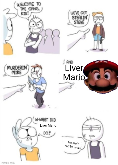 What did X do? | Liver Mario; Liver Mario; He stole 15089 livers | image tagged in what did x do | made w/ Imgflip meme maker