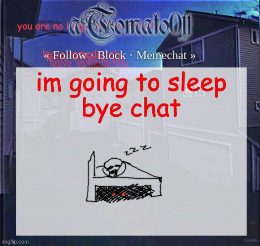 aTomato011 | im going to sleep
bye chat | image tagged in atomato011 | made w/ Imgflip meme maker