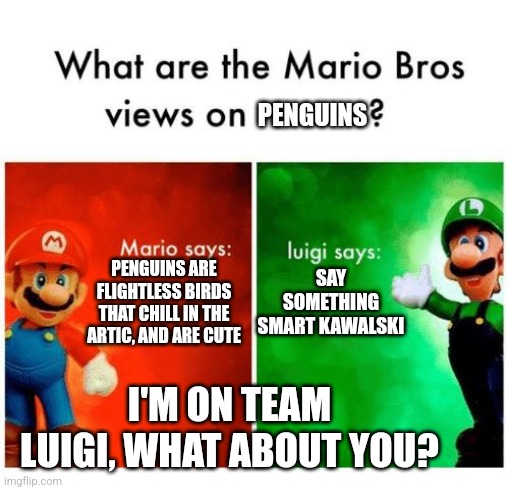 Mario says Luigi says | PENGUINS PENGUINS ARE FLIGHTLESS BIRDS THAT CHILL IN THE ARTIC, AND ARE CUTE SAY SOMETHING SMART KAWALSKI I'M ON TEAM LUIGI, WHAT ABOUT YOU? | image tagged in mario says luigi says | made w/ Imgflip meme maker
