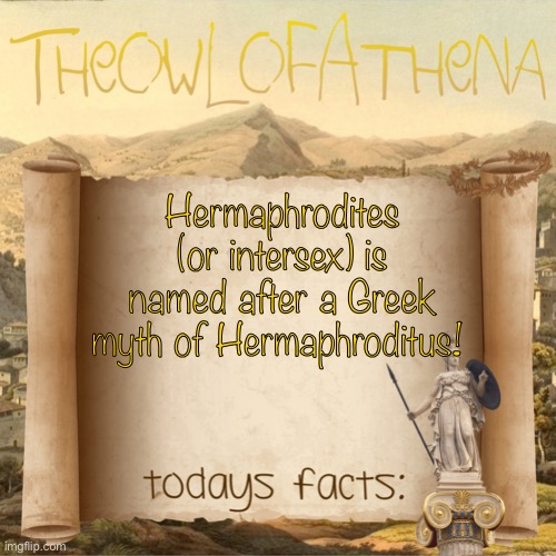 I’ll explain in the comments | Hermaphrodites (or intersex) is named after a Greek myth of Hermaphroditus! | image tagged in theowlofathena s crappy facts | made w/ Imgflip meme maker