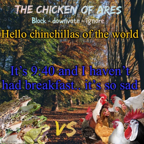 Chicken of Ares announces crap for everyone | Hello chinchillas of the world; It’s 9:40 and I haven’t had breakfast.. it’s so sad | image tagged in chicken of ares announces crap for everyone | made w/ Imgflip meme maker