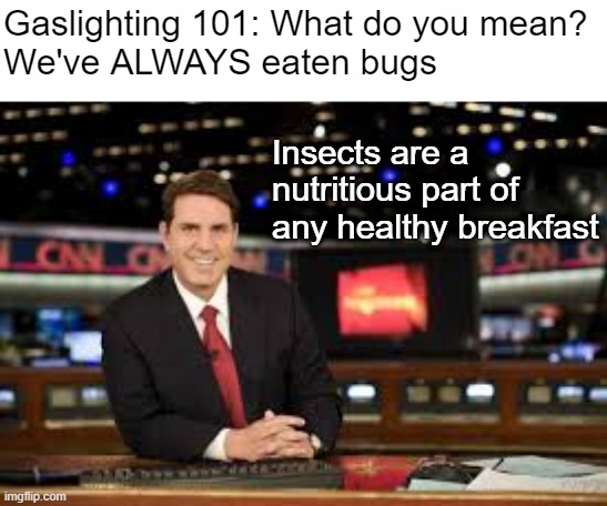 Dirt's next | Gaslighting 101: What do you mean?
We've ALWAYS eaten bugs; Insects are a nutritious part of any healthy breakfast | image tagged in newscaster | made w/ Imgflip meme maker