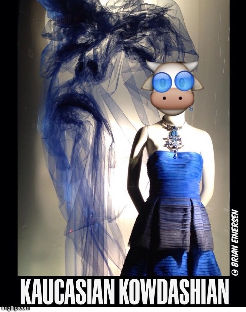 Every time a kow bell rings, a Kowdashian gets a bucket of khicken wings to konsume while wearing a Karolina Herrera gown. | image tagged in fashion,carolina herrera,window design,bergdorf goodman,kim kowdashian,brian einersen | made w/ Imgflip meme maker