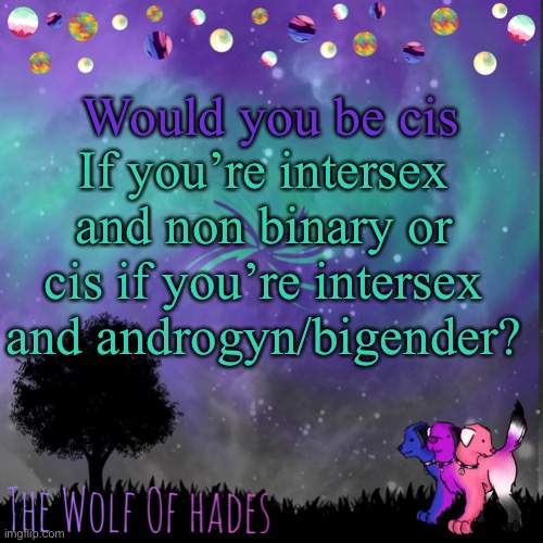 When I say bigender I mean if you felt m and f | Would you be cis; If you’re intersex and non binary or cis if you’re intersex and androgyn/bigender? | image tagged in thewolfofhades announces crap v 694201723696969 | made w/ Imgflip meme maker