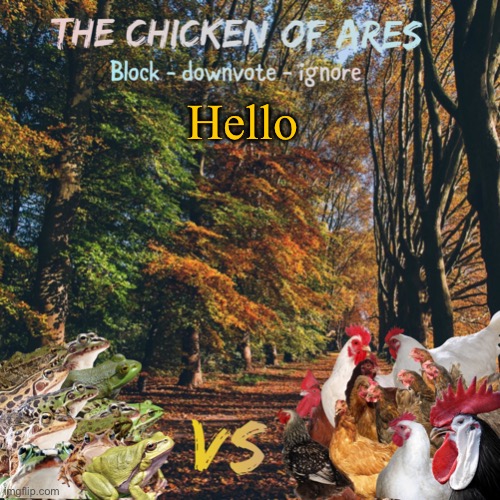 Chicken of Ares announces crap for everyone | Hello | image tagged in chicken of ares announces crap for everyone | made w/ Imgflip meme maker