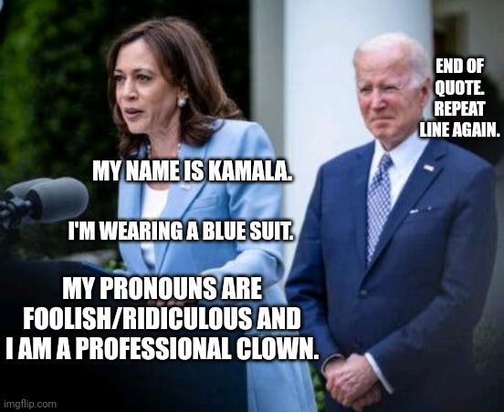 Biden/Harris Comedy Team On Pronouns | END OF QUOTE. REPEAT LINE AGAIN. MY NAME IS KAMALA. I'M WEARING A BLUE SUIT. MY PRONOUNS ARE FOOLISH/RIDICULOUS AND I AM A PROFESSIONAL CLOWN. | image tagged in biden,kamala harris,comedy,team,pronouns,gender | made w/ Imgflip meme maker