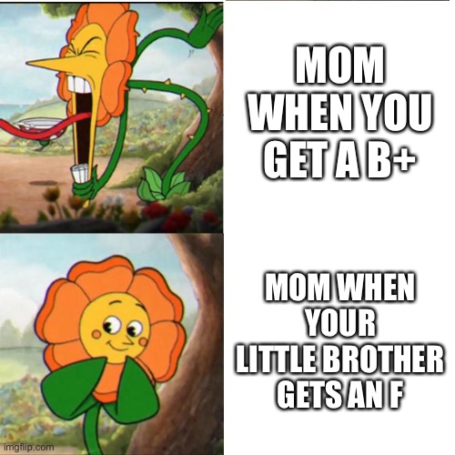 Don’t tell me this is not relatable | MOM WHEN YOU GET A B+; MOM WHEN YOUR LITTLE BROTHER GETS AN F | image tagged in cuphead flower,relatable,memes,grades,siblings | made w/ Imgflip meme maker