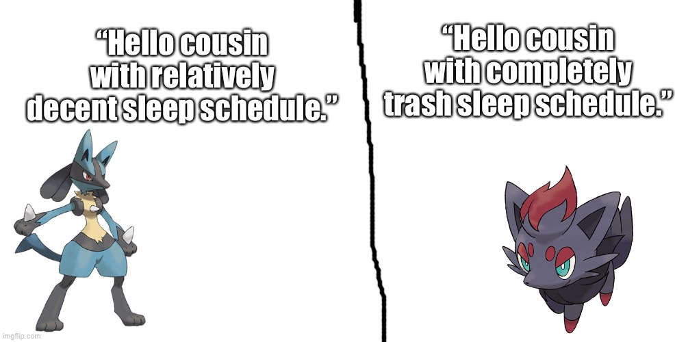 :P | “Hello cousin with completely trash sleep schedule.”; “Hello cousin with relatively decent sleep schedule.” | image tagged in memes,blank transparent square | made w/ Imgflip meme maker