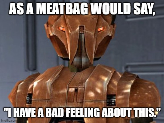 I have a bad feeling about this KOTOR | AS A MEATBAG WOULD SAY, "I HAVE A BAD FEELING ABOUT THIS." | image tagged in hk-47 | made w/ Imgflip meme maker