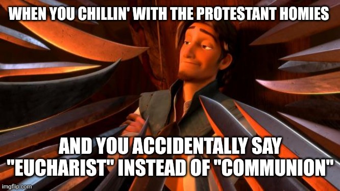 Flynn rider swords | WHEN YOU CHILLIN' WITH THE PROTESTANT HOMIES; AND YOU ACCIDENTALLY SAY "EUCHARIST" INSTEAD OF "COMMUNION" | image tagged in flynn rider swords | made w/ Imgflip meme maker
