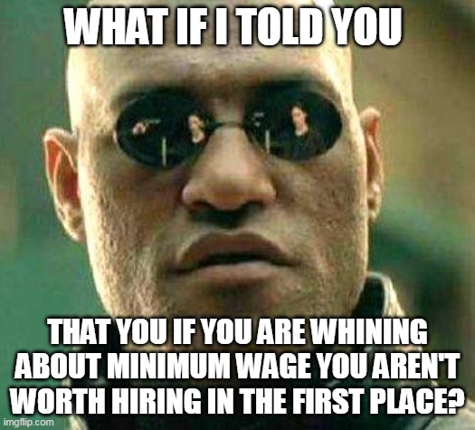 What if i told you |  WHAT IF I TOLD YOU; THAT YOU IF YOU ARE WHINING ABOUT MINIMUM WAGE YOU AREN'T WORTH HIRING IN THE FIRST PLACE? | image tagged in what if i told you | made w/ Imgflip meme maker