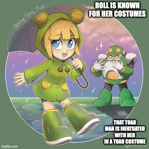 Toad Man and Roll | ROLL IS KNOWN FOR HER COSTUMES; THAT TOAD MAN IS INFATUATED WITH HER IN A TOAD COSTUME | image tagged in megaman,roll,toadman,memes | made w/ Imgflip meme maker