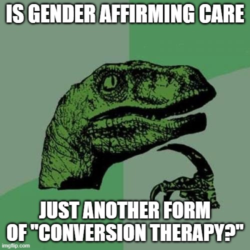 Philosoraptor | IS GENDER AFFIRMING CARE; JUST ANOTHER FORM OF "CONVERSION THERAPY?" | image tagged in memes,philosoraptor | made w/ Imgflip meme maker