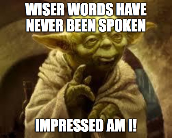 yoda | WISER WORDS HAVE NEVER BEEN SPOKEN IMPRESSED AM I! | image tagged in yoda | made w/ Imgflip meme maker