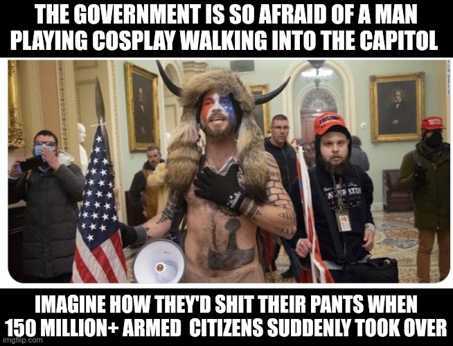 The second amendment is here for a reason and those who seek total power want to remove it. "Shall not be infringed..." | THE GOVERNMENT IS SO AFRAID OF A MAN PLAYING COSPLAY WALKING INTO THE CAPITOL; IMAGINE HOW THEY'D SHIT THEIR PANTS WHEN 150 MILLION+ ARMED  CITIZENS SUDDENLY TOOK OVER | image tagged in capital,second amendment,america | made w/ Imgflip meme maker