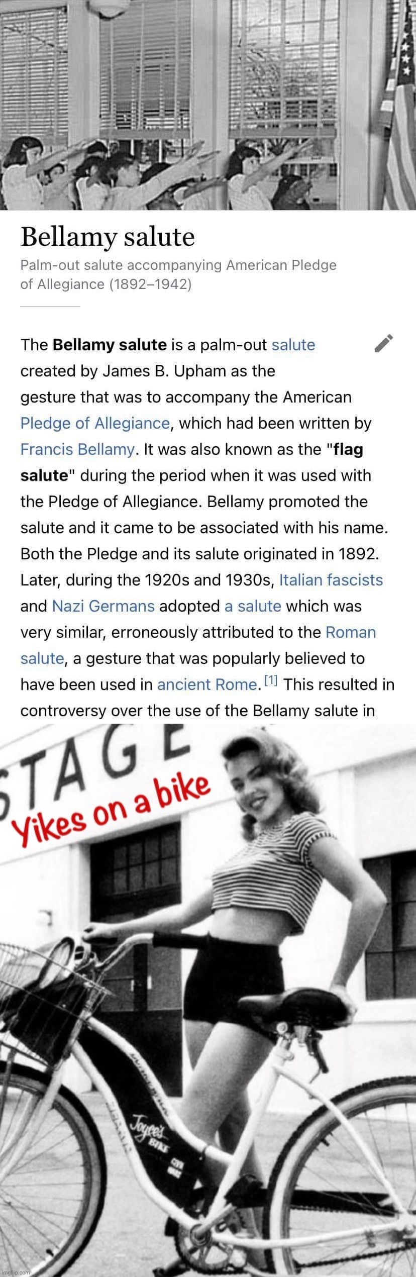 Other things Nazis borrowed from America: Manifest Destiny, Jim Crow apartheid state, Eugenics | image tagged in bellamy salute,kylie yikes on a bike | made w/ Imgflip meme maker