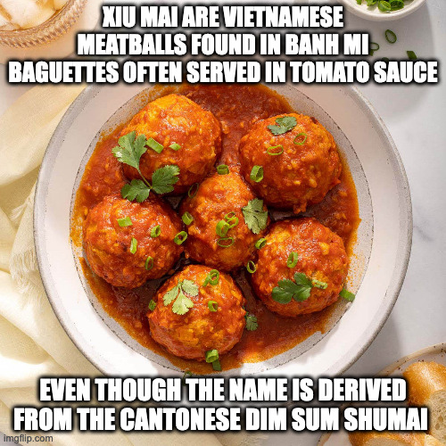 Xiu Mai | XIU MAI ARE VIETNAMESE MEATBALLS FOUND IN BANH MI BAGUETTES OFTEN SERVED IN TOMATO SAUCE; EVEN THOUGH THE NAME IS DERIVED FROM THE CANTONESE DIM SUM SHUMAI | image tagged in food,memes | made w/ Imgflip meme maker