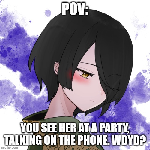 rules in tags, can be a romance RP, any gender, also I'd prefer it if I could see your OC but it's your choice. |  POV:; YOU SEE HER AT A PARTY, TALKING ON THE PHONE. WDYD? | image tagged in no joke ocs,no military ocs,let me know if romance,no bambi,please no erp | made w/ Imgflip meme maker