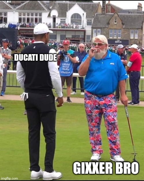 Ducati Dude vs Gixxer Bro | DUCATI DUDE; GIXXER BRO | image tagged in john daly and tiger woods | made w/ Imgflip meme maker