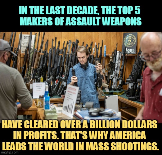 They pitch their advertising to insecure, immature white supremacists. The pattern is totally reliable. | IN THE LAST DECADE, THE TOP 5 
MAKERS OF ASSAULT WEAPONS; HAVE CLEARED OVER A BILLION DOLLARS 
IN PROFITS. THAT'S WHY AMERICA 
LEADS THE WORLD IN MASS SHOOTINGS. | image tagged in assault weapons,white supremacists,mass shootings | made w/ Imgflip meme maker