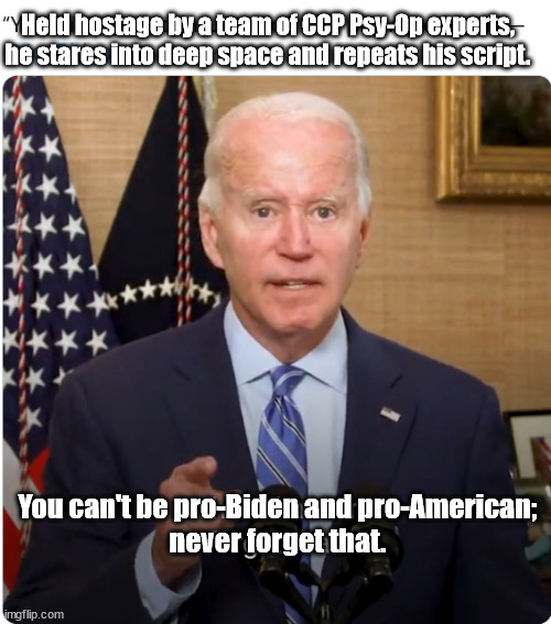 The Psy-Op is complete. | Held hostage by a team of CCP Psy-Op experts,
he stares into deep space and repeats his script. You can't be pro-Biden and pro-American;
never forget that. | image tagged in memes,politics | made w/ Imgflip meme maker