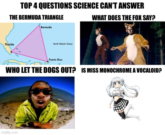 top 4 questions | IS MISS MONOCHROME A VOCALOID? | image tagged in top 4 questions | made w/ Imgflip meme maker