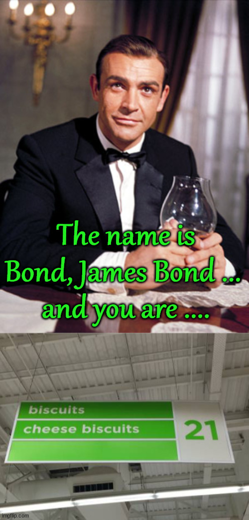 This is pretty accurate |  The name is Bond, James Bond ... 
and you are .... | image tagged in james bond,cheese,biscuits,names | made w/ Imgflip meme maker