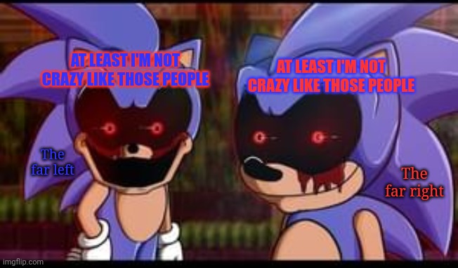 Thank golly the OTHER side has all the lunatic fringe! | AT LEAST I'M NOT CRAZY LIKE THOSE PEOPLE; AT LEAST I'M NOT CRAZY LIKE THOSE PEOPLE; The far left; The far right | image tagged in lunatic,fringe,politics lol,sonicexe | made w/ Imgflip meme maker