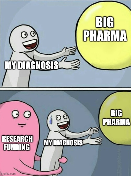 There is no cure chronic illness big pharma conspiracy meme | BIG PHARMA; MY DIAGNOSIS; BIG PHARMA; RESEARCH FUNDING; MY DIAGNOSIS | image tagged in memes,running away balloon,chronic illness,big pharma,no cure,incurable | made w/ Imgflip meme maker