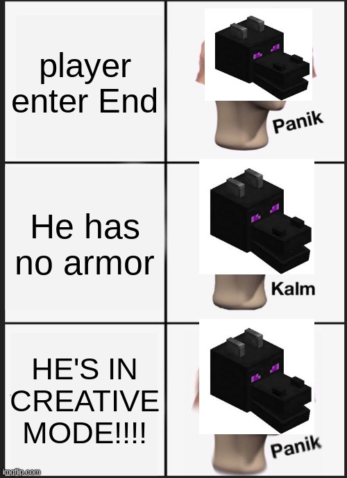 Ender dragon panik | player enter End; He has no armor; HE'S IN CREATIVE MODE!!!! | image tagged in memes,panik kalm panik | made w/ Imgflip meme maker