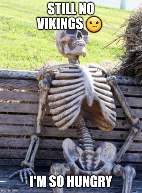 Vikings | STILL NO VIKINGS 😕; I'M SO HUNGRY | image tagged in memes,waiting skeleton | made w/ Imgflip meme maker