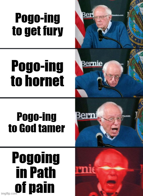 Hollow knight noobs dream | Pogo-ing to get fury; Pogo-ing to hornet; Pogo-ing to God tamer; Pogoing in Path of pain | image tagged in bernie sanders reaction nuked,hollow knight,video games | made w/ Imgflip meme maker