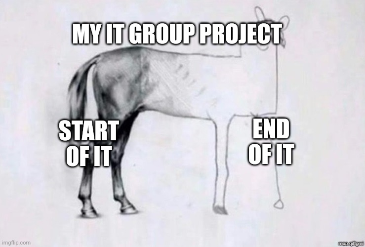 It could be worse | MY IT GROUP PROJECT; END OF IT; START OF IT | image tagged in horse drawing | made w/ Imgflip meme maker
