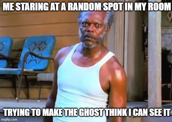 Why read here look at da meme | ME STARING AT A RANDOM SPOT IN MY ROOM; TRYING TO MAKE THE GHOST THINK I CAN SEE IT | image tagged in samuel l jackson,ghost,funny,meme,very funny,ha ha tags go brr | made w/ Imgflip meme maker