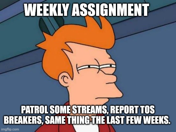 I seriously can't find anything else different for the weekly tbh, since I'm pretty sure everyone does whatever I think of anywa |  WEEKLY ASSIGNMENT; PATROL SOME STREAMS, REPORT TOS BREAKERS, SAME THING THE LAST FEW WEEKS. | image tagged in memes,futurama fry | made w/ Imgflip meme maker