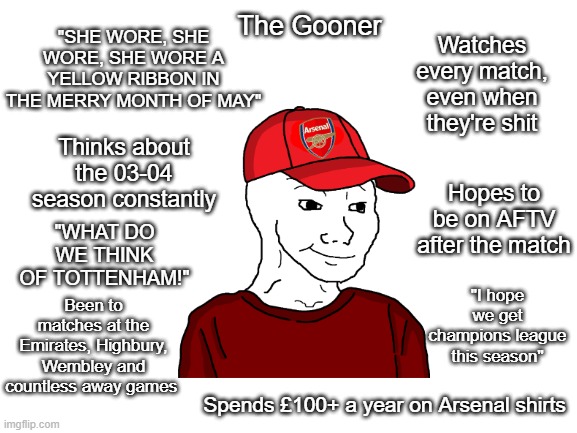 Blank White Template | "SHE WORE, SHE WORE, SHE WORE A YELLOW RIBBON IN THE MERRY MONTH OF MAY"; The Gooner; Watches every match, even when they're shit; Thinks about the 03-04 season constantly; Hopes to be on AFTV after the match; "WHAT DO WE THINK OF TOTTENHAM!"; Been to matches at the Emirates, Highbury, Wembley and countless away games; "I hope we get champions league this season"; Spends £100+ a year on Arsenal shirts | image tagged in blank white template,OneyPlays | made w/ Imgflip meme maker