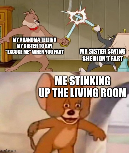 Tom and Jerry swordfight | MY GRANDMA TELLING MY SISTER TO SAY "EXCUSE ME" WHEN YOU FART; MY SISTER SAYING SHE DIDN'T FART; ME STINKING UP THE LIVING ROOM | image tagged in tom and jerry swordfight | made w/ Imgflip meme maker